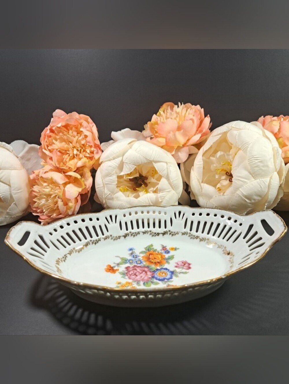 Vintage Floral Reticulated Oval Bowl Gold Trim, Pink Flowers, Made in Germany